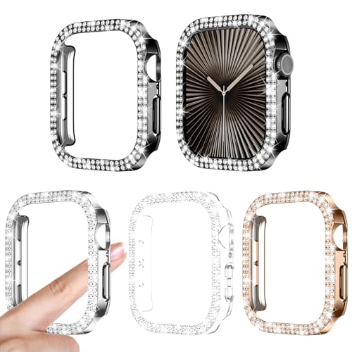 [4Stück] Kamita Diamant Hülle Kompatibel mit Apple Watch 10 42mm, Glitzer PC Bumper Case Ohne Displayschutzfolie für iWatch10, Stoßfest Glitzerhüll für Frauen Mädchen (Klar+Silber+Schwarz+Roségold) von Kamita