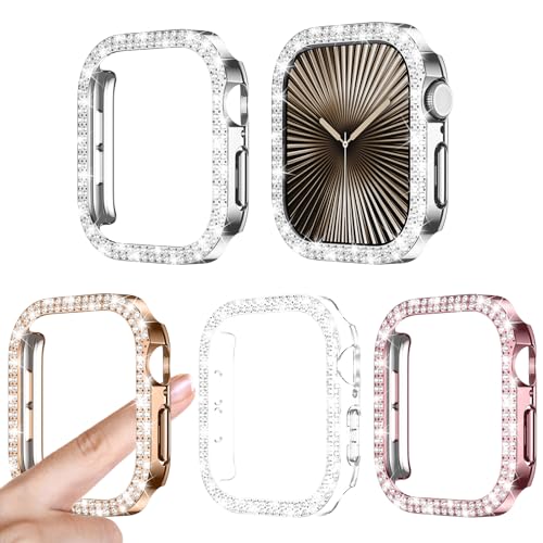 [4Stück] Kamita Diamant Hülle für Apple Watch Serie 10 46mm, Glitzer Hart PC Bumper Case Ohne Displayschutzfolie für iWatch10, Stoßfest Glitzerhüll für Frauen und Mädchen (Klar+Silber+Roségold+Rosa) von Kamita