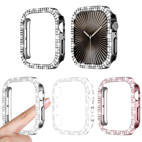 [4Stück] Kamita Diamant Hülle für Apple Watch Serie 10 46mm, Glitzer Hart PC Bumper Case Ohne Displayschutzfolie für iWatch10, Stoßfest Glitzerhüll für Frauen und Mädchen (Klar+Silber+Schwarz+Rosa) von Kamita