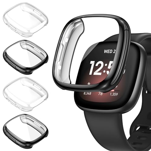 [4Stück] Kamita Schutzhülle für Fitbit Versa 4/Sense 2 Hülle, Weiche TPU Bumper Case mit Schutzfolie, Stoßfestes Rundum Schutz Cover Ultradünne Gehäuse für Fitbit Versa4/Sense2 (Klar*2+Schwarz*2) von Kamita