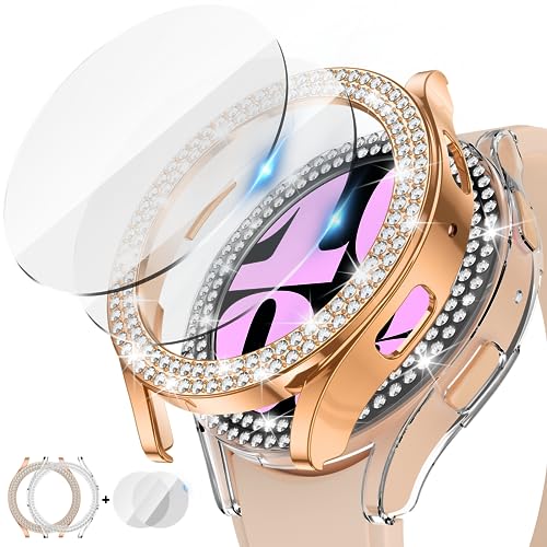 Kamita [2+2Stück] Diamant Hülle Kompatibel mit Samsung Galaxy Watch 6 44mm, 2 Strasssteine Hart PC Bumper Case+2 9H Hartglas Displayschutzfolie, Glitzer Schutzhülle für Galaxy Watch6 (Klar+Roségold) von Kamita