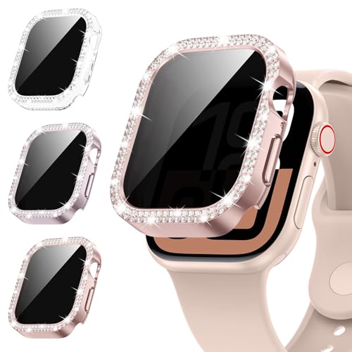 Kamita [3Stück] Diamant Privatsphäre Hülle Kompatibel mit Apple Watch Serie 10 46mm, Glitzer Hart PC Bumper Case mit Hartglas Sichtschutzfolie, Anti-Spy Glitzerhüll für iWatch10 (Klar+Roségold+Rosa) von Kamita