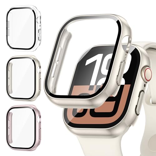 Kamita [3Stück] Hülle Kompatibel mit Apple Watch 10 42mm Schutzhülle mit Displayschutzfolie aus 9H Gehärtetem Glas, Hart PC Bumper Case Rundumschutz Gehäuse für iWatch10(Klar+Rosa+Sternenlicht) von Kamita