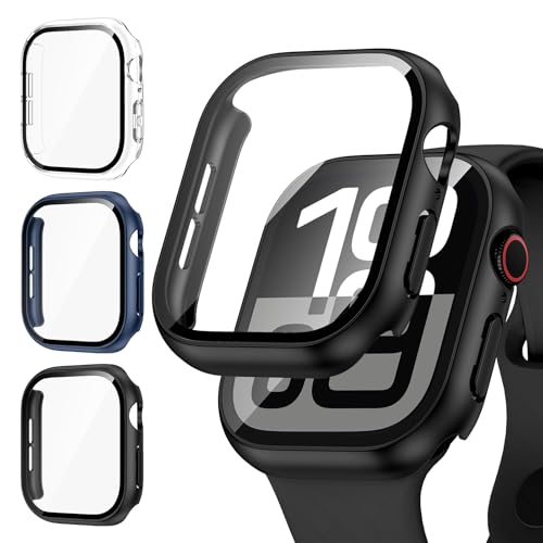 Kamita [3Stück] Hülle Kompatibel mit Apple Watch 10 42mm Schutzhülle mit Displayschutzfolie aus 9H Gehärtetem Glas, Hart PC Bumper Case Rundumschutz Gehäuse für iWatch10(Klar+Schwarz+Blau) von Kamita