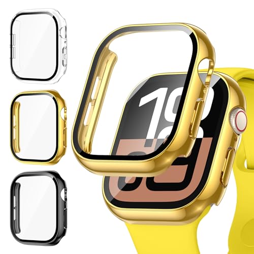 Kamita [3Stück] Hülle Kompatibel mit Apple Watch Serie 10 46mm Schutzhülle mit Displayschutz aus 9H Gehärtetem Glas, Hart PC Bumper Case Voller Körper Schutz Gehäuse für iWatch10 (Klar+Gold+Schwarz) von Kamita
