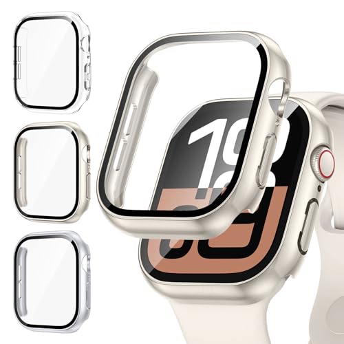 Kamita [3Stück] Hülle Kompatibel mit Apple Watch 10 46mm Schutzhülle mit Displayschutzfolie aus 9H Gehärtetem Glas, Hart PC Bumper Case Rundumschutz Gehäuse für iWatch10(Klar+Sternenlicht+Silber) von Kamita