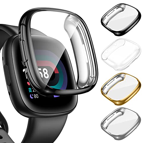 Kamita [4Stück] Schutzhülle für Fitbit Versa 4/Sense 2 Hülle, Weiche TPU Bumper Case mit Schutzfolie, Vollständige Abdeckung Schutz Cover für Fitbit Versa4/Sense2 (Transparent+Schwarz+Silber+Gold) von Kamita