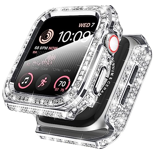 Kamita Diamant Hülle Kompatibel mit Apple Watch Series 6/Series 5/Series 4 44mm, Glitzer Hart PC Bumper Case mit Hartglas Displayschutzfolie Bling Schutzhülle für Apple Watch Series SE 2 (Silber) von Kamita