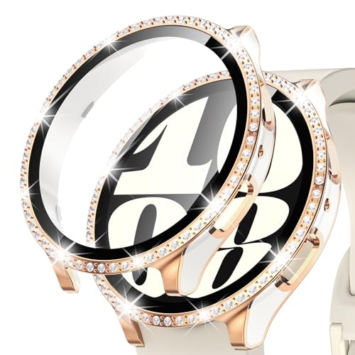 Kamita Diamanten Displayschutz Hülle Kompatibel mit Samsung Galaxy Watch 6 40mm, Glitzer Hart PC Bumper Case mit Hartglas Displayschutzfolie, Bling Schutzhülle für Galaxy Watch6 (Weißes-Roségold) von Kamita