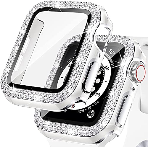 Kamita Diamond Displayschutz Hülle Kompatibel mit Apple Watch Series SE 2023/6/5/4 44mm, Glitzer Hart PC Bumper Case mit Hartglas Displayschutzfolie Schutzhülle Cover für iWatch6/iWatch5(Weiß-Silber) von Kamita
