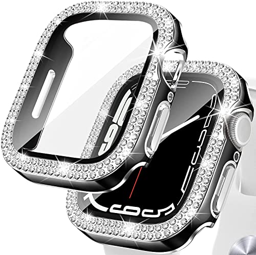 Kamita Diamond Displayschutz Hülle für Apple Watch Series 9/Series 8/Series 7 41mm, Glitzer Hart PC Bumper Case mit Hartglas Displayschutzfolie Schutzhülle Cover für iWatch9/iWatch8 (Schwarz-Silber) von Kamita
