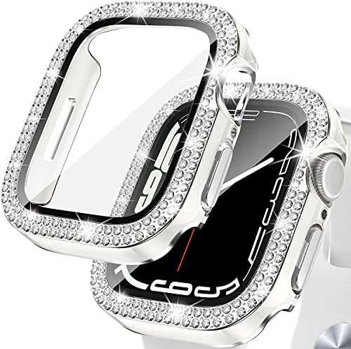 Kamita Diamond Displayschutz Hülle für Apple Watch Series 9/Series 8/Series 7 45mm, Glitzer Hart PC Bumper Case mit Hartglas Displayschutzfolie Schutzhülle Cover für iWatch9/iWatch8 (Weiß-Silber) von Kamita