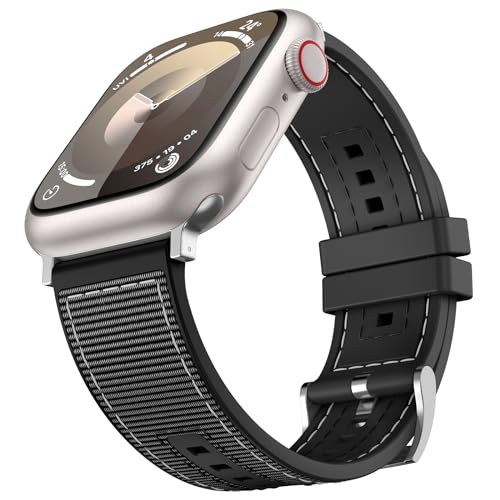Kamita Ersatzarmbänder Kompatibel mit Apple Watch Armband 41mm 40mm 38mm, Verstellbare Sport Band für Damen Herren, Silikon Nylon Verbundgeflecht Uhrenarmband für iWatch SE 9 8 76 5 4 3 2 1 (Schwarz) von Kamita