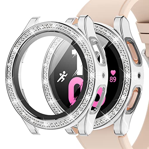 Kamita Glitzer Diamanten Hülle für Samsung Galaxy Watch 5/Watch 4 40mm, Hart PC Bumper Schutzhülle mit Hartglas Displayschutzfolie, Bling Displayschutz Cover für Galaxy Watch5/Watch4 (Weiß-Silber) von Kamita