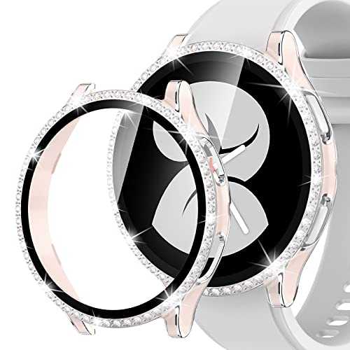 Kamita Glitzer Hülle Kompatibel mit Samsung Galaxy Watch 4 40mm, Strasssteine Schutzhülle mit 9H Hartglas Displayschutzfolie, Stoßfeste Diamant Härte PC Bumper Case für Galaxy Watch4 (Rosa-Silber) von Kamita