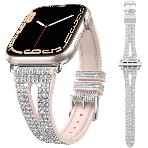 Kamita Glitzerarmband Kompatibel mit Apple Watch Armband 49mm 45mm 44mm 42mm, Bling Strass Einstellbar Armbänder für Frauen und Mädchen, Diamant Uhrenarmbänder Silikonband für iWatch 9 8 7 6 (Silber) von Kamita