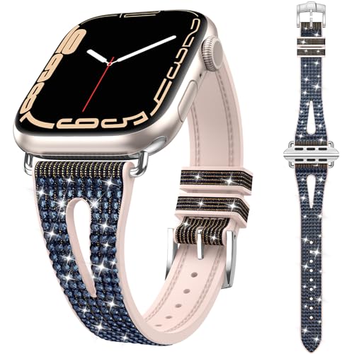 Kamita Glitzerarmband Kompatibel mit Apple Watch Armband 49mm 45mm 44mm 42mm, Einstellbar Armbänder für Frauen und Mädchen, Diamant Uhrenarmbänder Silikonband für Apple Watch Ultra 2 (Dunkelblau) von Kamita