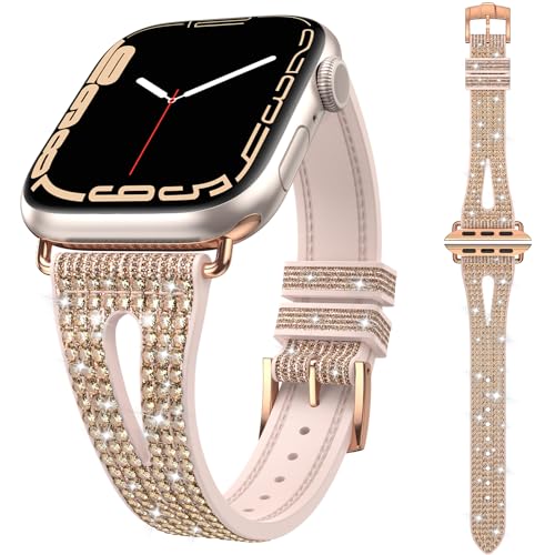Kamita Glitzerarmband Kompatibel mit Apple Watch Armband 49mm 45mm 44mm 42mm, Strass Einstellbar Armbänder für Frauen und Mädchen, Diamant Uhrenarmbänder Silikonband für Apple Watch SE 2 (Roségold) von Kamita