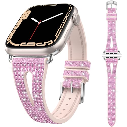 Kamita Glitzerarmband Kompatibel mit Apple Watch Armband 49mm 45mm 44mm 42mm, Strass Einstellbar Armbänder für Frauen und Mädchen, Diamant Uhrenarmbänder Silikonband für Apple Watch Ultra 2 (Rosa) von Kamita