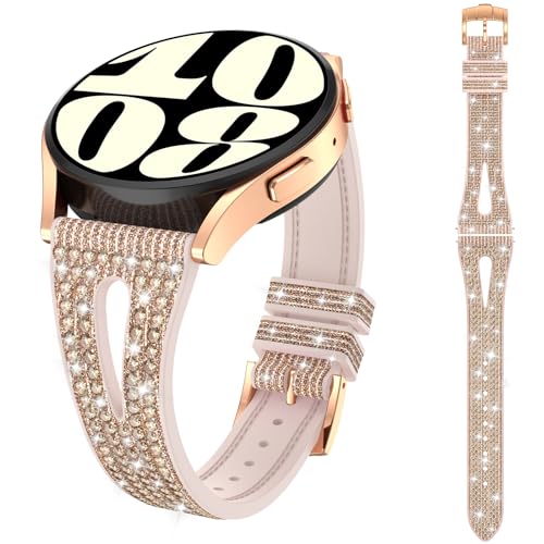 Kamita Glitzerarmband für Samsung Galaxy Watch 6 5 4, 20mm Silikon Diamant Ersatzarmbänder für Galaxy Watch 6 Classic/4 Classic/Galaxy Watch 5 Pro, Strass Armbänder für Damen und Mädchen (Roségold) von Kamita