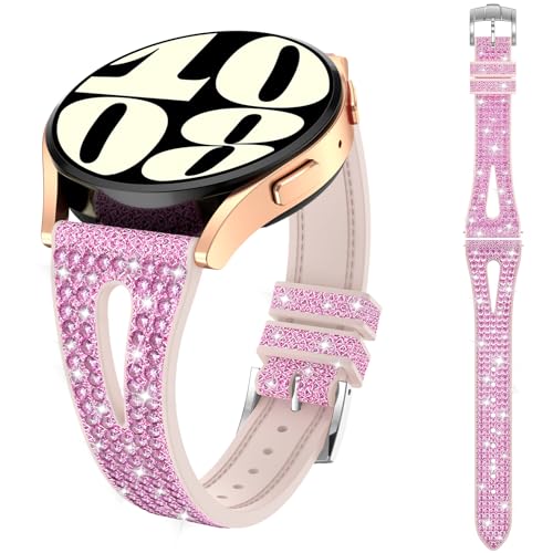 Kamita Glitzerarmband für Samsung Galaxy Watch 6 5 4, 20mm Silikon Diamant Ersatzarmbänder für Galaxy Watch 6 Classic/4 Classic/Galaxy Watch 5 Pro, Strass Uhrenarmbänder für Damen und Mädchen (Rosa) von Kamita