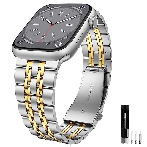 Kamita Metall Ersatzarmband Kompatibel mit Apple Watch Armband 41mm 40mm 38mm für Damen und Herren, Einstellbar Edelstahl Armbänder Uhrenarmband für iWatch Series 9 8 7 6 5 4 3 SE 2023 (Silber-Gold) von Kamita