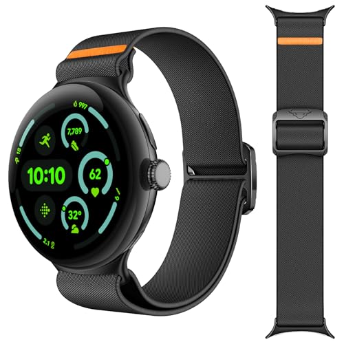 Kamita Nylon Sportarmband Kompatibel mit Google Pixel Watch 3 45mm, Verstellbare Elastisch Sport Armbänder für Damen Herren, Geflochtenes Trail Loop Ersatzarmbänder für Pixel Watch 3 (Schwarz) von Kamita