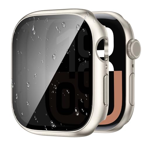 Kamita Privatsphäre Wasserdicht Hülle Kompatibel mit Apple Watch 10 46mm, Härte PC Bumper Case mit Anti-Spionage Hartglas Displayschutz, Stoßfest Voller Körper Gehäuse für iWatch 10 (Sternenlicht) von Kamita