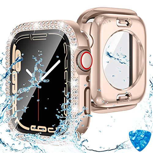 Kamita Wasserdicht Diamant Hülle für Apple Watch Series 9/Series 8/Series 7 41mm, 2 in 1 Hart PC Bumper Case mit Hartglas Displayschutzfolie, 360° Vollschutz Schutzhülle für iWatch9/iWatch8(Roségold) von Kamita
