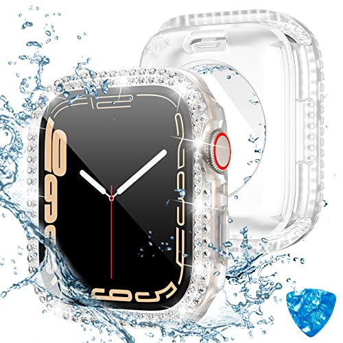 Kamita Wasserdicht Diamant Hülle für Apple Watch Series 9/Series 8/Series 7 41mm, Hart PC Bumper Case mit Hartglas Displayschutzfolie, 360° Vollschutz Glitzer Schutzhülle für iWatch9/iWatch8 (Klar) von Kamita