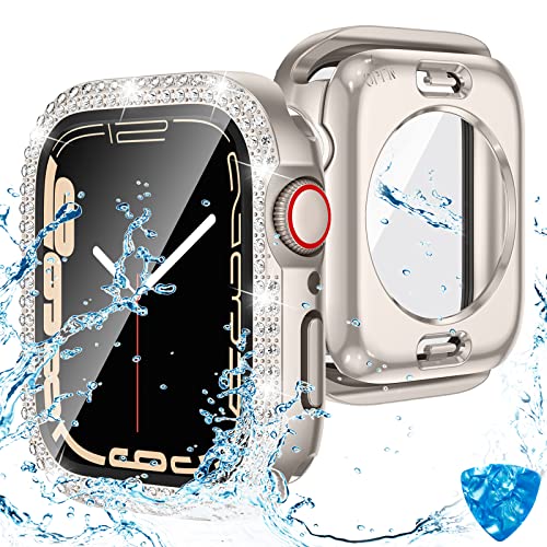 Kamita Wasserdicht Diamant Hülle für Apple Watch Series 9/Series 8/Series 7 41mm, Hart PC Bumper Case mit Hartglas Displayschutzfolie, 360° Vollschutz Schutzhülle für iWatch9/iWatch8 (Sternenlicht) von Kamita