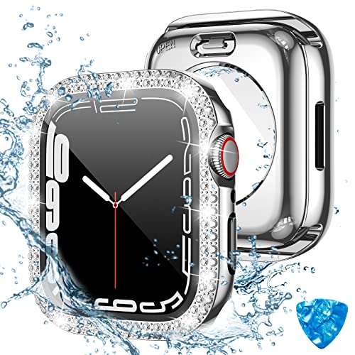 Kamita Wasserdicht Diamant Hülle für Apple Watch Series 9/Series 8/Series 7 45mm, Hart PC Bumper Case mit Hartglas Displayschutzfolie, 360° Vollschutz Glitzer Schutzhülle für iWatch9/iWatch8 (Silber) von Kamita
