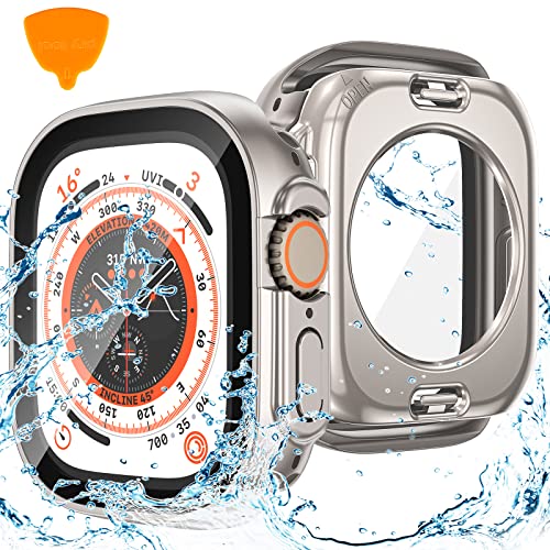 Kamita Wasserdicht Displayschutz Hülle für Apple Watch Ultra 49mm 2nd Gen, 2 in 1 Hart PC Bumper Case mit 9H Hartglas Displayschutzfolie, 360° Rundum Schutzhülle Cover für iWatch Ultra 2 (Titan) von Kamita