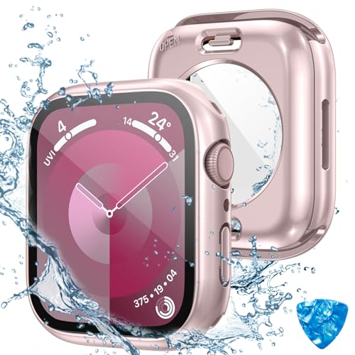 Kamita Wasserdicht Hülle Kompatibel mit Apple Watch 9 8 7 41mm, 2 in 1 Hart PC Bumper Case mit Displayschutz aus Gehärtetem Glas, Rundum Schutz Cover Schutzhülle für iWatch9/iWatch8/iWatch7 (Rosa) von Kamita