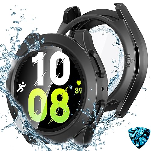 Kamita Wasserdicht Hülle für Samsung Galaxy Watch FE (2024)/Watch 5/Watch 4 40mm, Härte PC Bumper Case mit Displayschutz aus Gehärtetem Glas, Rundum Schutzhülle für Galaxy Watch4 Watch5 (Schwarz) von Kamita