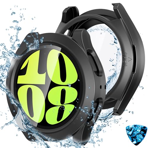 Kamita Wasserdicht Hülle für Samsung Galaxy Watch 6 40mm, 2 in 1 Hart PC Schutz Case mit 9H Displayschutz aus Gehärtetem Glas, 360° Rundum Bumper Cover Schutzhülle für Galaxy Watch6 (Schwarz) von Kamita