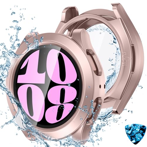 Kamita Wasserdicht Hülle für Samsung Galaxy Watch 6 44mm, 2 in 1 Hart PC Schutz Case mit 9H Displayschutz aus Gehärtetem Glas, 360° Rundum Bumper Cover Schutzhülle für Galaxy Watch6 (Roségold) von Kamita