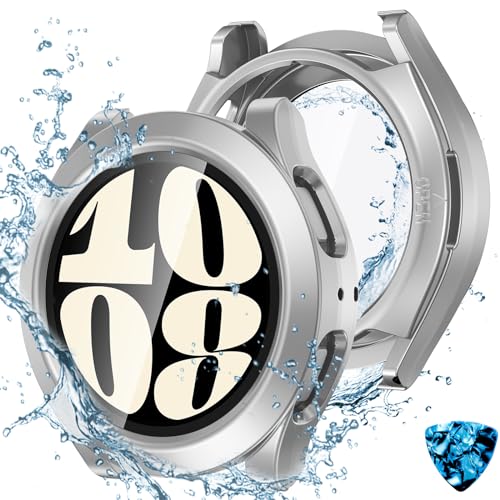 Kamita Wasserdicht Hülle für Samsung Galaxy Watch 6 44mm, 2 in 1 Hart PC Schutz Case mit 9H Displayschutz aus Gehärtetem Glas, 360° Rundum Bumper Cover Schutzhülle für Galaxy Watch6 (Silber) von Kamita