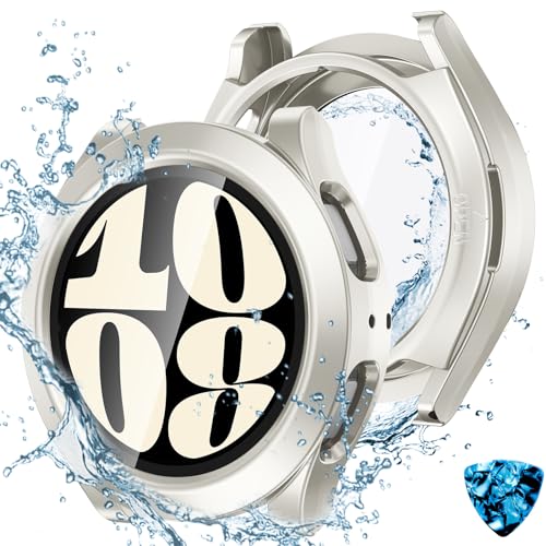 Kamita Wasserdicht Hülle für Samsung Galaxy Watch 6 44mm, 2 in 1 Hart PC Schutz Case mit 9H Displayschutz aus Gehärtetem Glas, 360° Rundum Bumper Cover Schutzhülle für Galaxy Watch6 (Sternenlicht) von Kamita