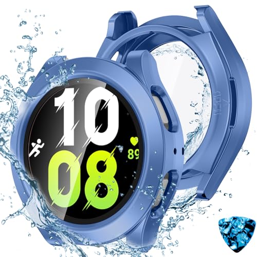 Kamita Wasserdicht Hülle für Samsung Galaxy Watch45 44mm,2 in 1 Hart PC Schutz Case mit 9H Displayschutz aus Gehärtetem Glas,360°Rundum Bumper Cover Schutzhülle für Galaxy Watch4 Watch5 (Blau) von Kamita