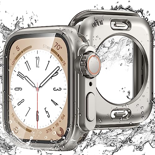 Kamita wasserdichte Hülle Kompatibel mit Apple Watch Series 6 5 4 44mm, 2 in 1 Harter PC Bumper Case mit Hartglas Displayschutzfolie, 360° Rundum Schutzhülle Cover für Apple Watch SE 2nd Gen (Titan) von Kamita