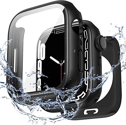 Kamita wasserdichte Hülle Kompatibel mit Apple Watch Series 9/Series 8/Series 7 41mm, Hart PC Bumper Case mit Hartglas Displayschutzfolie, 360° Rundum Schutzhülle Cover für iWatch9/iWatch8 (Schwarz) von Kamita