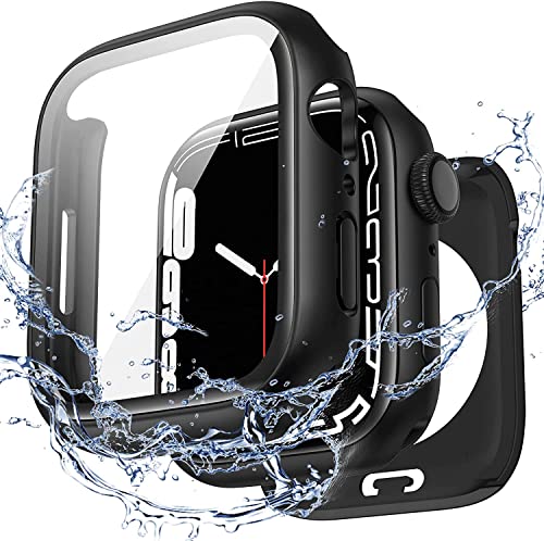 Kamita wasserdichte Hülle Kompatibel mit Apple Watch Series 9/Series 8/Series 7 45mm, 2 in 1 Hart PC Bumper Case mit Hartglas Displayschutzfolie, Rundum Schutzhülle Cover für iWatch9/iWatch8(Schwarz) von Kamita