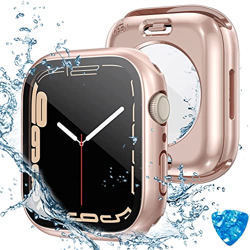 Kamita wasserdichte Hülle Kompatibel mit Apple Watch Series 9/Series 8/Series 7 45mm, Hart PC Bumper Case mit Hartglas Displayschutzfolie, 360° Rundum Schutzhülle Cover für iWatch9/iWatch8 (Roségold) von Kamita