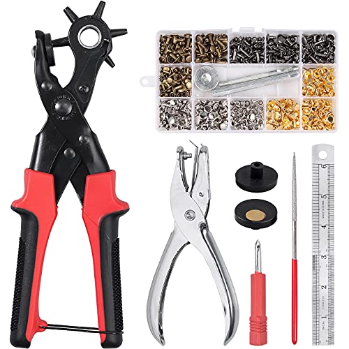 Kamtop Lochzange Revolverlochzange Gürtellochzange mit mit 240 stück Ledernieten Doppelkappe Niet Leather Revolverlochzange Hebelübersetzung Lochzange Punch Pliers Puncher für Kunsthandwerk Gürtel von Kamtop