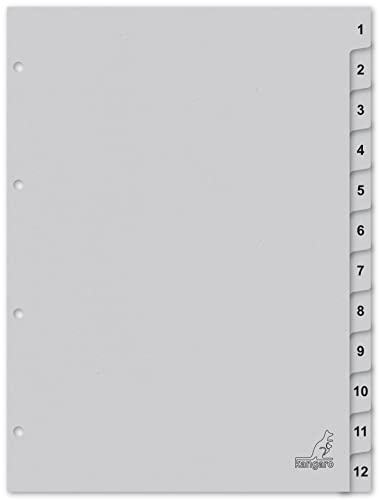 Kangaro Karton-Register DIN A4 Zahlen 1-12. 180 g/m² recycelter Grau FSC Karton - 12-teilig von Kangaro