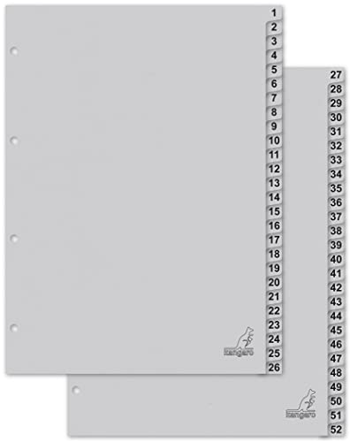 Kangaro Karton-Register DIN A4 Zahlen 1-52. 180 g/m² recycelter Grau FSC Karton - 52-teilig von Kangaro