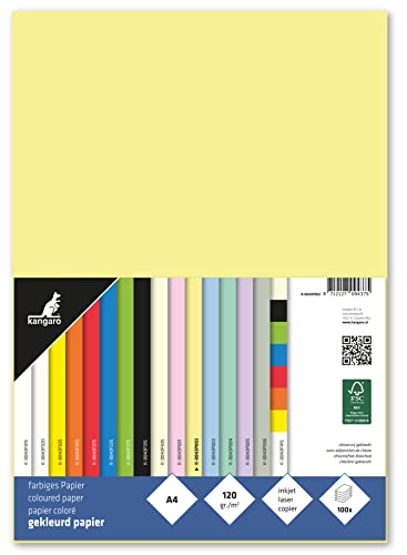 Kangaro - Tonpapier Pastell Gelb DIN A4-120g/m² FSC mix – 100 pack - Briefpapier Bastelpapier DIY von Kangaro