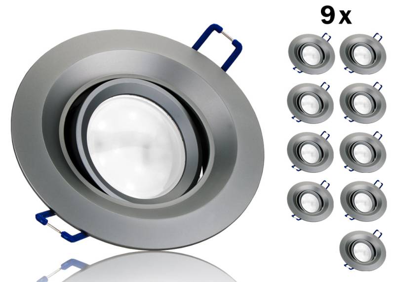 9er LED Einbaustrahler Set GU10 Aluminium rund grau matt mit Marken LED Spot Kanlux TOMIV2 7 Watt von Kanlux