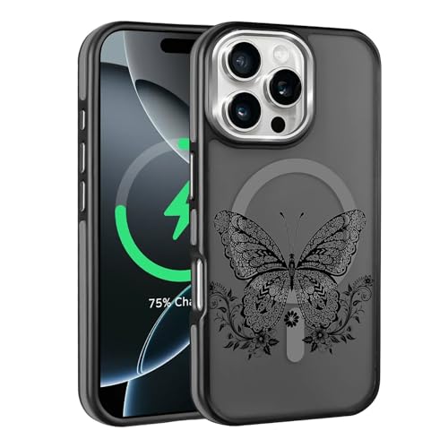 Kapadiy Magnetische Schutzhülle für iPhone 15 Pro Max, kompatibel mit Magsafe, Fallschutz, schlanke Schutzhülle, Silikon, magnetische Handyhülle, niedlicher Schmetterling, Schwarz von Kapadiy